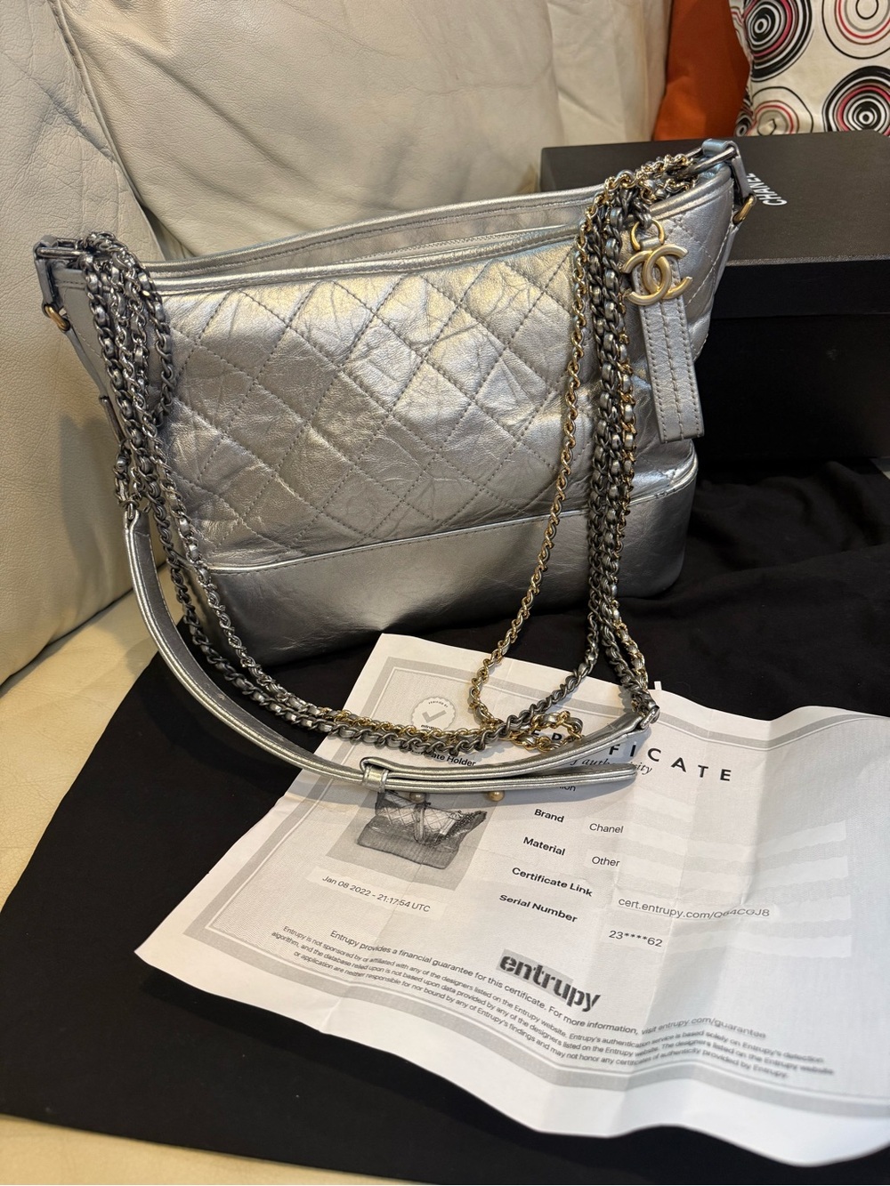 CHANEL Gabrielle Metallic Silver Quilted Hobo Bag with Chain Straps